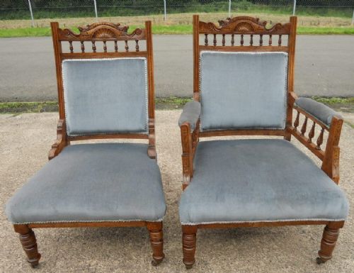 Pair of Edwardian Walnut Ladies & Gent's Salon Chairs