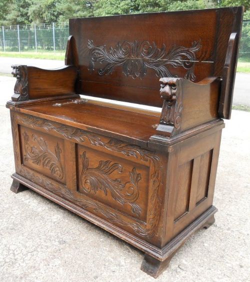 Carved Oak Panelled Monk's Bench