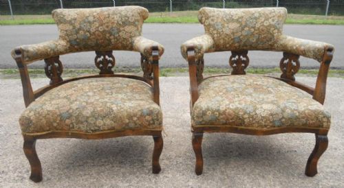 Pair Edwardian Walnut Tub Armchairs for Re-upholstery