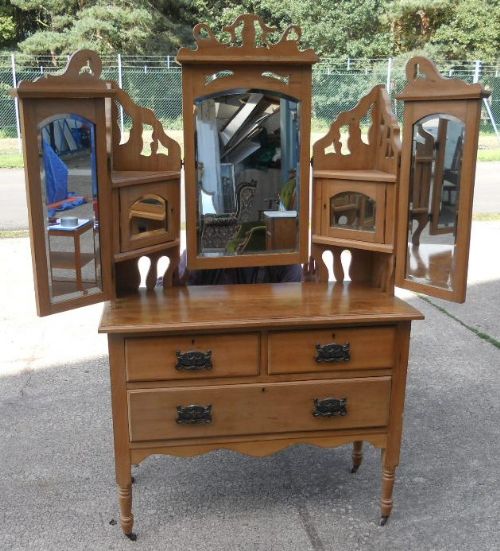 Edwardian Satin Walnut Triple Mirror Dressing Chest