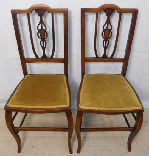 Pair Edwardian Inlaid Mahogany Salon Bedroom Chairs