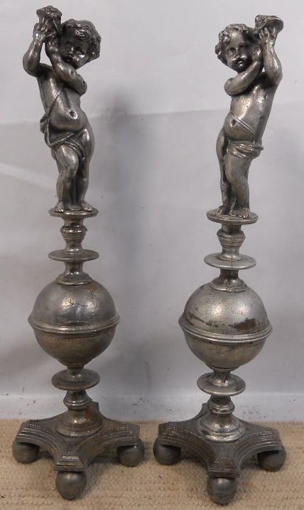 Pair Chrome Finished Metal Nymph Statues
