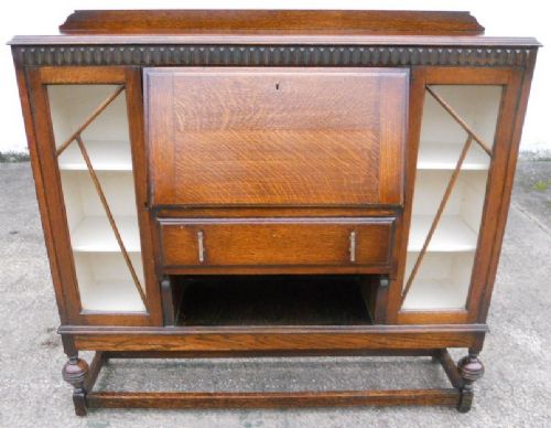 Deco Oak Bureau Bookcase Cabinet
