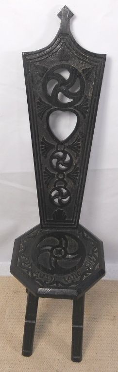 Dark Wood Spinning/weaving Chair with Carved Scottish Writing