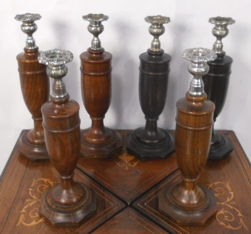 Three Pairs Oak Deco Candlesticks