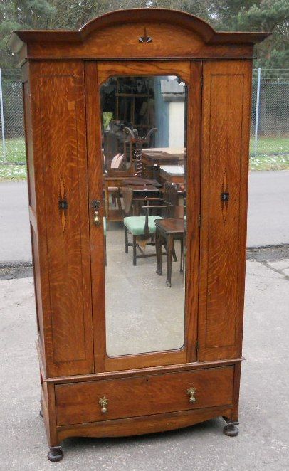 Edwardian Inlaid Oak Single Hanging Wardrobe