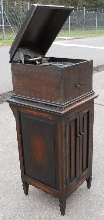 Oak Wind-up Table Top Gramophone Cabinet with Edwardian Storage Cabinet