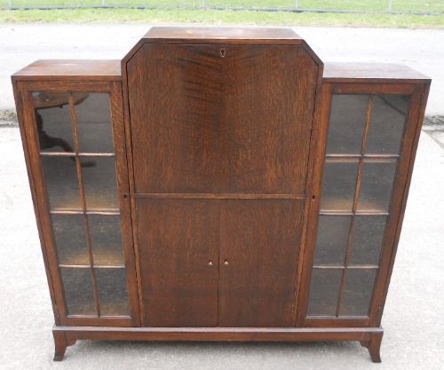 Deco Oak Bureau Bookcase Cabinet