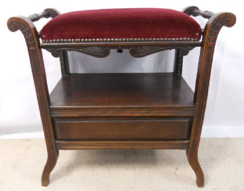 Edwardian Mahogany Piano Stool with Adjustable Upholstered Seat