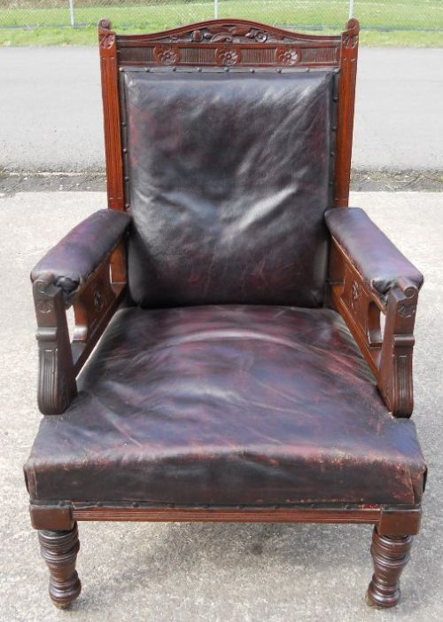 Edwardian Mahogany Framed Leather Covered Fireside Armchair