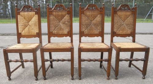 Set of Four Carved Back Rush Seat Dining Chairs