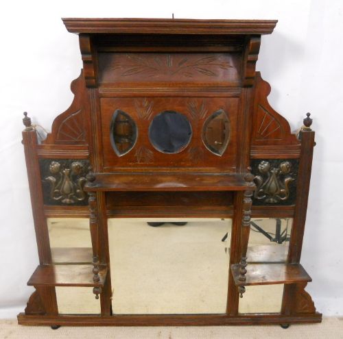 Edwardian Mahogany Overmantel Mirror with Art Nouveau Inspired Metal Plaques