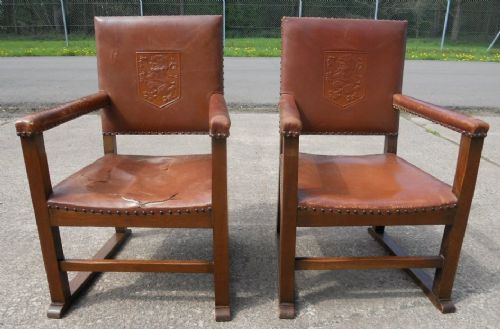 Pair Leather & Oak Carver Armchairs