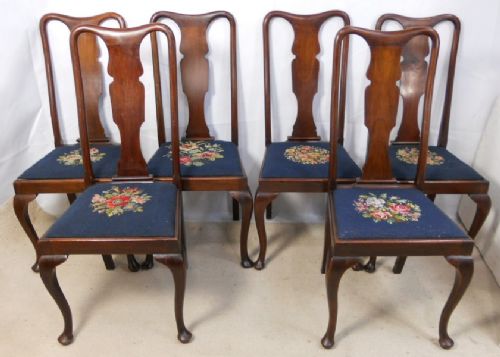 Set of Six Queen Anne Style Mahogany Highback Dining Chairs