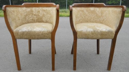 Pair Deco Beech Framed Upholstered Tub Salon Armchairs