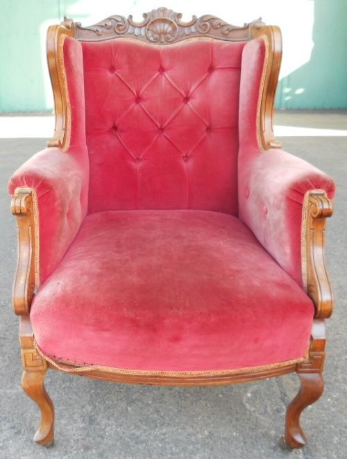 Edwardian Carved Walnut Frame Upholstered Wingback Fireside Armchair