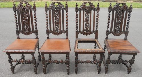 Four Victorian Dark Carved Oak Dining Chairs for Re-upholstery