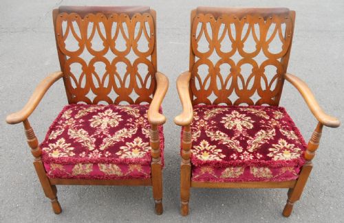 Pair Deco Walnut Easy Armchairs