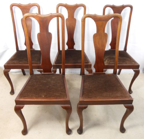 Set of Five Queen Anne Style Mahogany Highback Dining Chairs