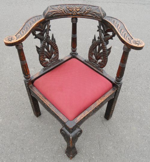 Victorian Dark Carved Oak Corner Armchair
