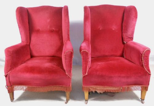 Pair Edwardian Upholstered Wing Fireside Armchairs