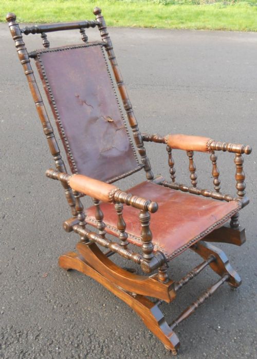 Victorian Walnut Framed Leather Upholstered Rocking Armchair