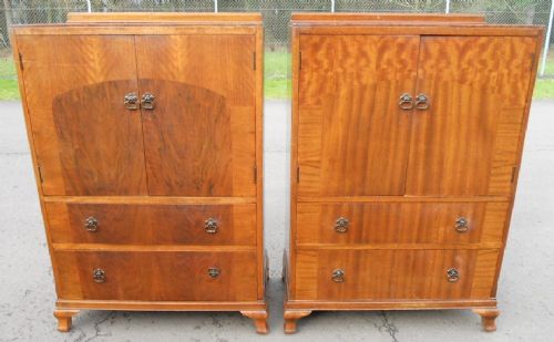 Pair Deco Walnut & Mahogany Tallboy Chests