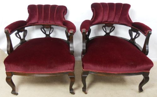 Pair Edwardian Upholstered Tub Armchairs