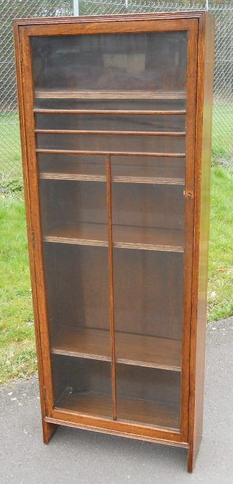 Deco Oak Tall Narrow Glazed Bookcase Cabinet