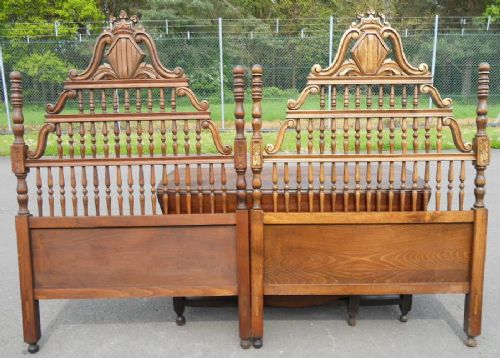Pair Edwardian Walnut Spindle Rail Single Bedheads