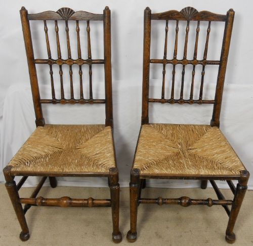 Pair Highback Elm Rush Seat Spindle Chairs