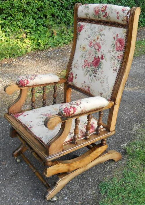Edwardian Satin Walnut Framed Upholstered Rocking Armchair