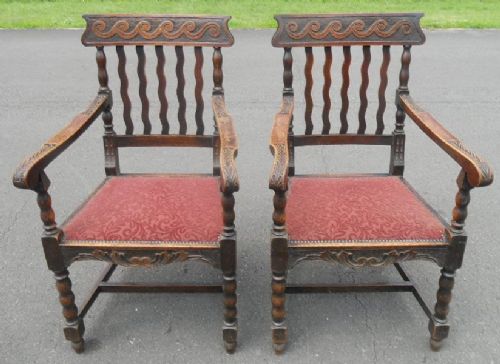 Pair Edwardian Carved Oak Carver Armchairs