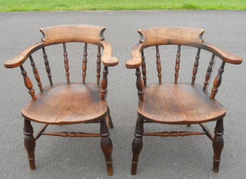Pair Victorian Elm Smokers Bow Armchairs