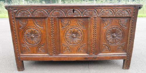 Antique Carved Triple Panel Front Oak Blanket Chest