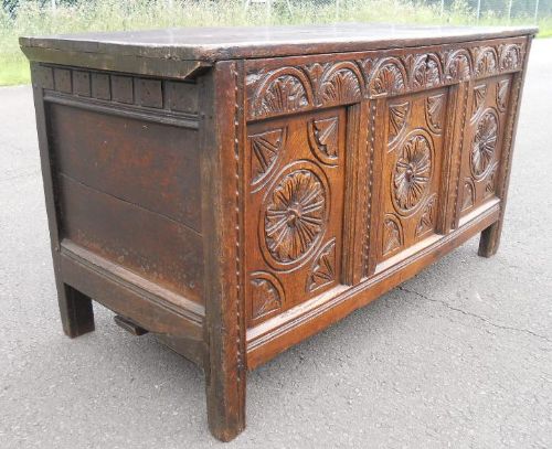fig 1. Antique Carved Triple Panel Front Oak Blanket Chest