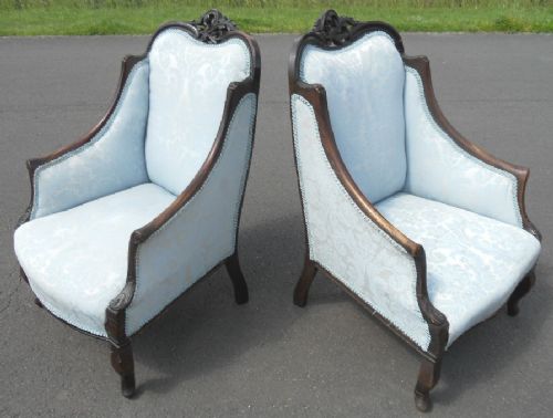 Pair Edwardian Mahogany Framed Upholstered Salon Armchairs
