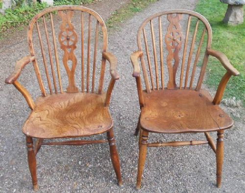 Two Elm Stickback Windsor Kitchen Armchairs