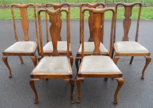 Set of Six Queen Anne Style Walnut Highback Dining Chairs