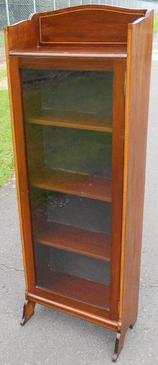Edwardian Inlaid Mahogany Narrow Bookcase Cabinet