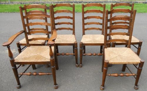 Set of Six Elm Ladderback Rush Seat Dining Chairs