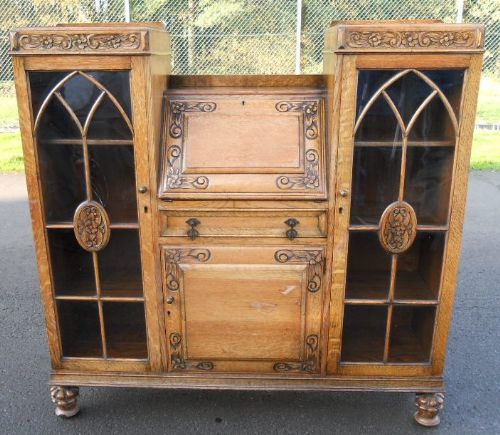 Carved Oak Bureau Bookcase Cabinet