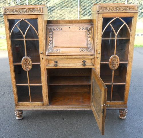 fig 1. Carved Oak Bureau Bookcase Cabinet