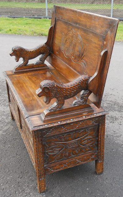 fig 1. Carved Oak Monks Bench