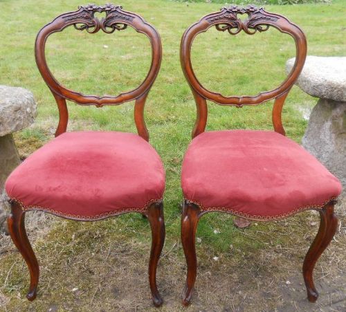 Pair Victorian Carved Walnut Balloon Back Dining Chairs