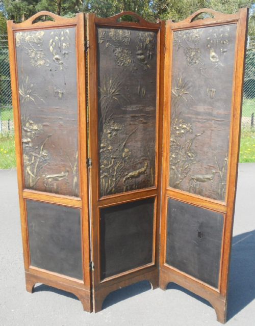 Edwardian Oak Framed Three Fold Screen