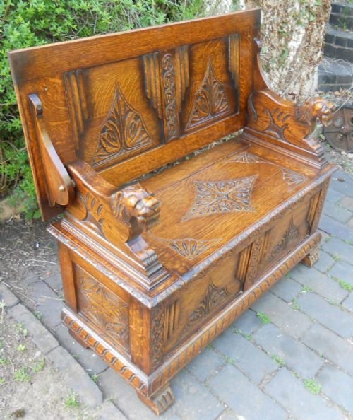 Carved Oak Monks Bench