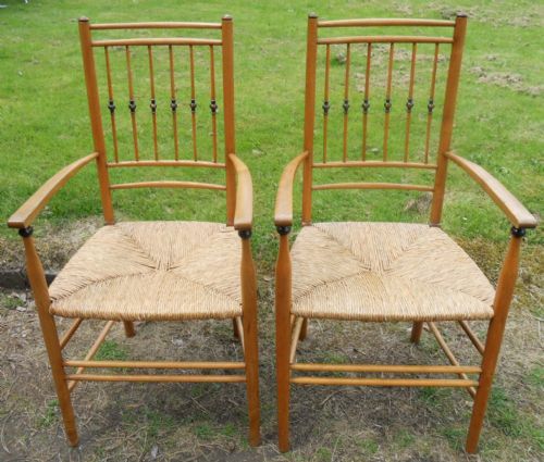 Pair Elm Spindleback Rush Seat Carver Armchairs