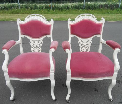Pair Edwardian Painted Salon Armchairs
