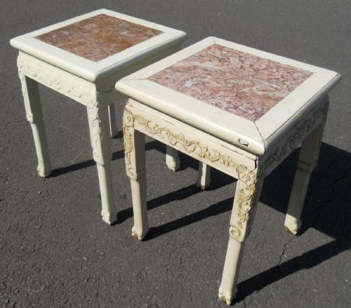 PAIR MARBLE ORIENTAL PAINTED HARDWOOD PLANT STANDS - ADDITIONAL PHOTO 4